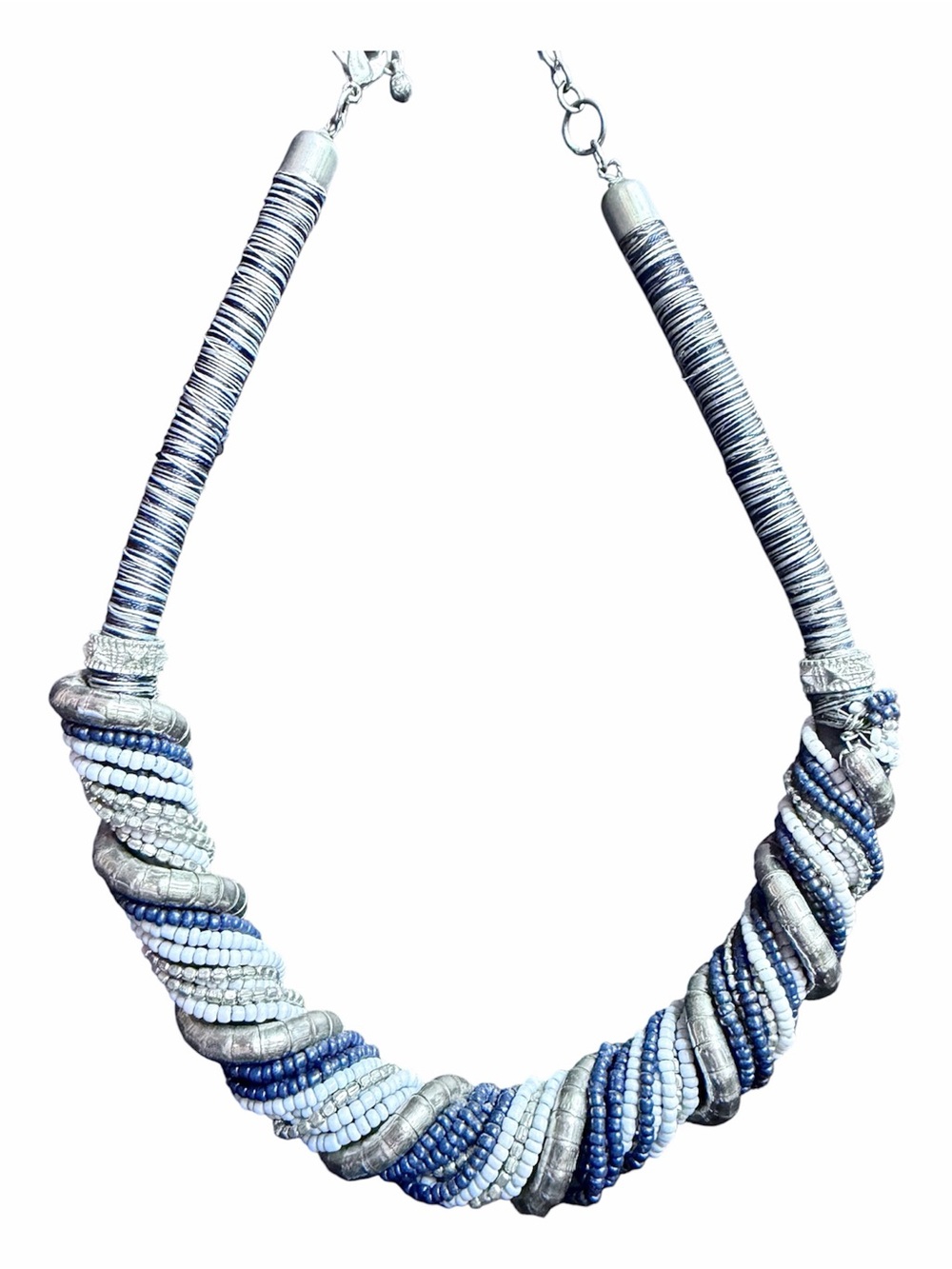 Handcrafted Multi Blue and Silver Beaded Twist Necklace